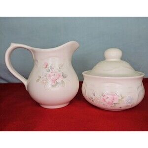 Cream and Sugar Pfaltzgraff Tea Rose Pink Flowers Pitcher & Bowl w/Lid